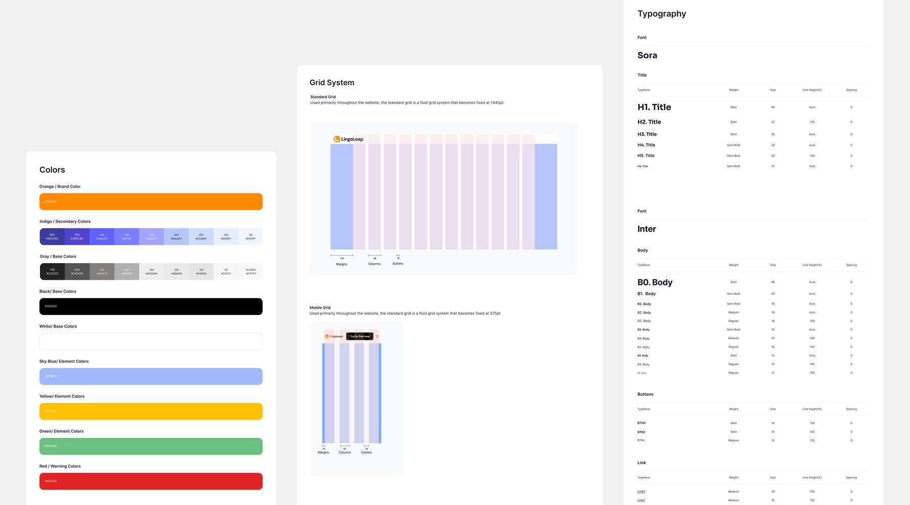 The full LingoLeap system: colors, grid, and typography